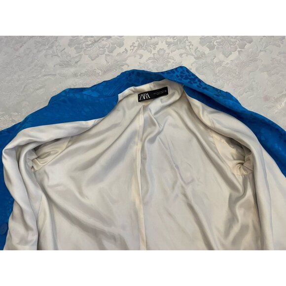 Zara Double Breasted Blue Leopard Jacquard Blazer Size Small Career Jacket - Picture 11 of 13